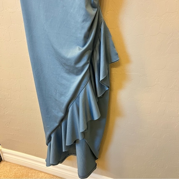 VIBE bodycon flirty dress, side slit & ruffle detail, Teal blue, stretchy, M - Picture 5 of 13